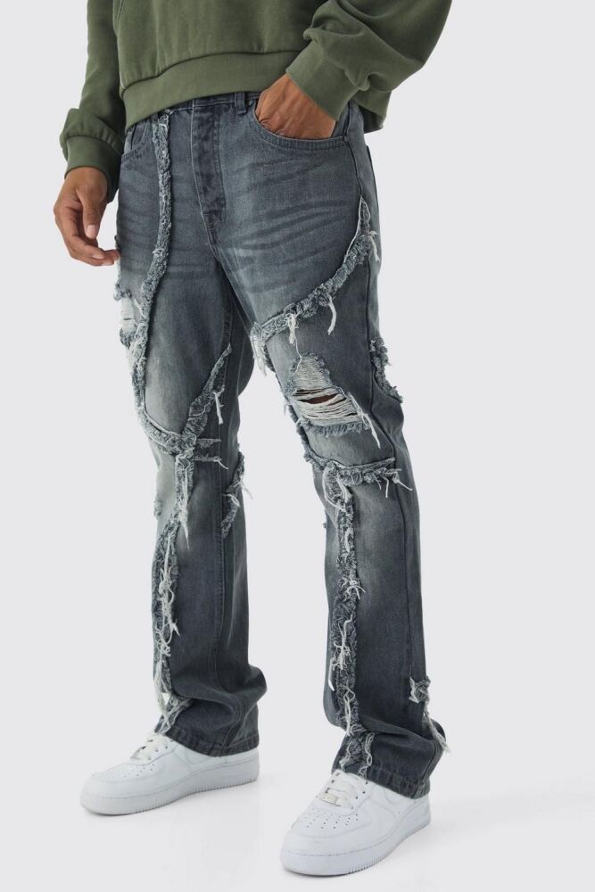 COMING SOON! Grey Patchwork Distressed Flared Jeans Size: 32 SKU#: L715804