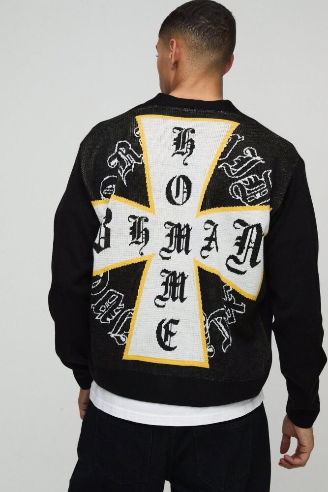 COMING SOON! Black Cross Graphic Knitted Cardigan Size: SKU#: 0621479