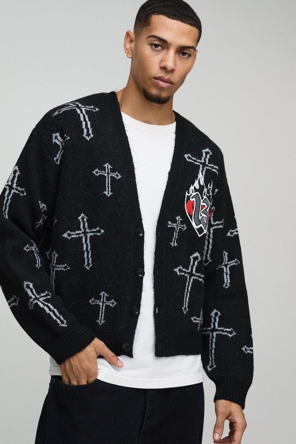 COMING SOON! Grey Cross Graphic Knitted Cardigan Size: M SKU#: 0468152