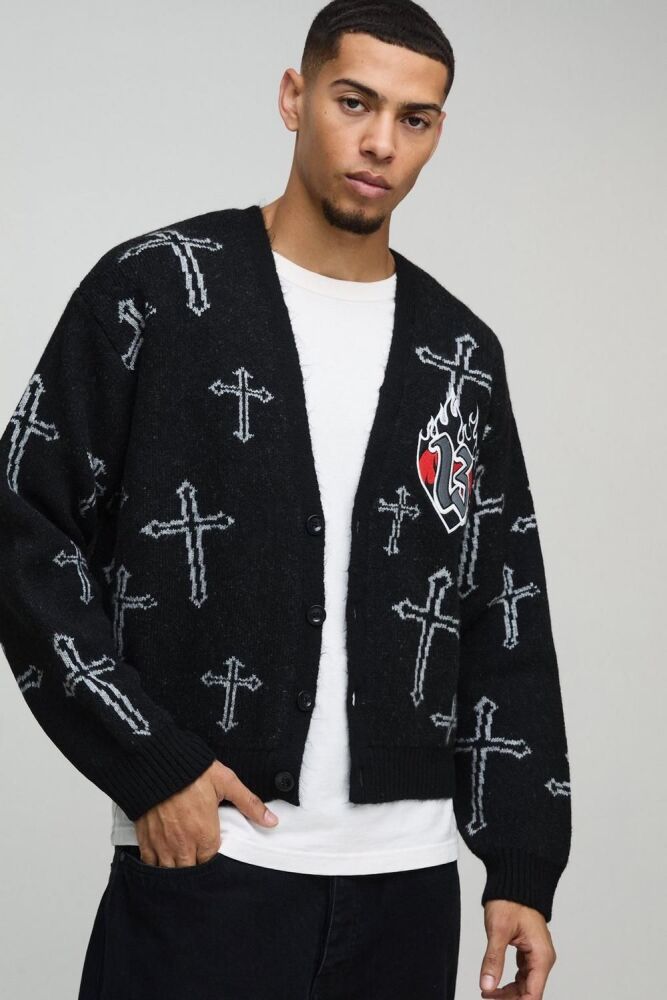 COMING SOON! Black Cross Graphic Knitted Cardigan Size: M SKU#: 0468152