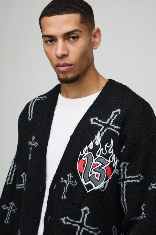 COMING SOON! Black Cross Graphic Knitted Cardigan Size: M SKU#: 0468152