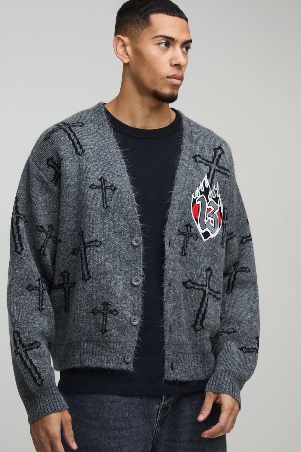 COMING SOON! Grey Cross Graphic Knitted Cardigan Size: M SKU#: 0068152