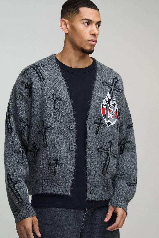 COMING SOON! Grey Cross Graphic Knitted Cardigan Size: M SKU#: 0068152