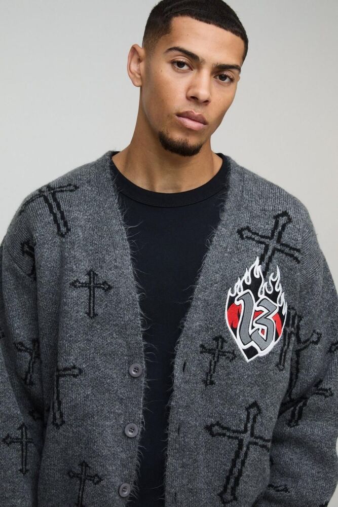 COMING SOON! Grey Cross Graphic Knitted Cardigan Size: M SKU#: 0068152