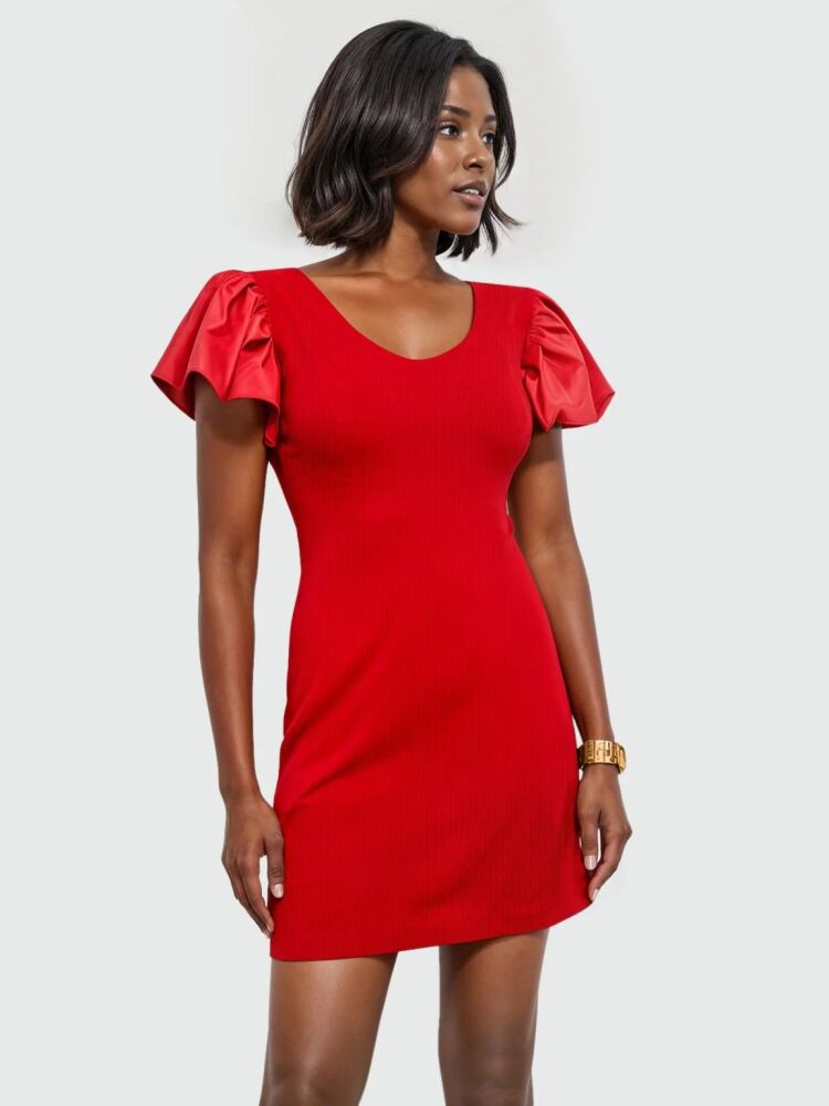 COMING SOON! Red Puff Sleeve Mini Dress Size: L SKU: C450565