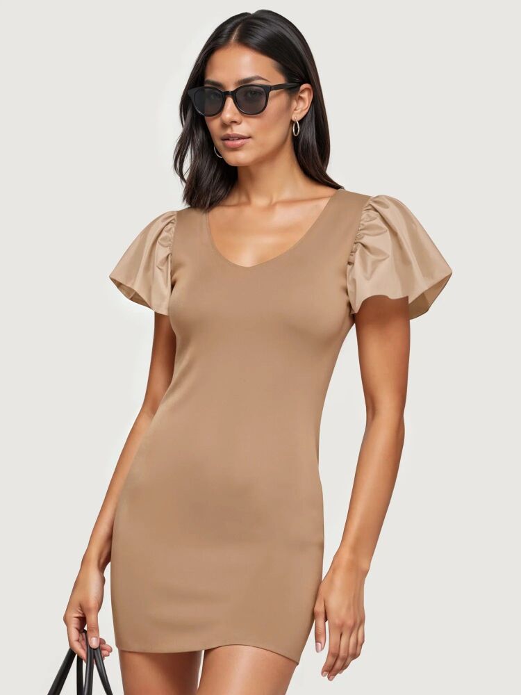 COMING SOON! Beige Puff Sleeve Mini Dress Size: L SKU: C455561