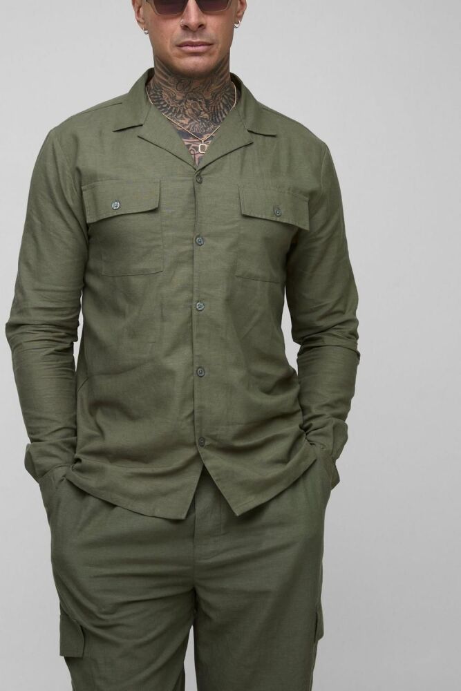 Olive Linen Cargo Shirt Size: S SKU: GTU6758