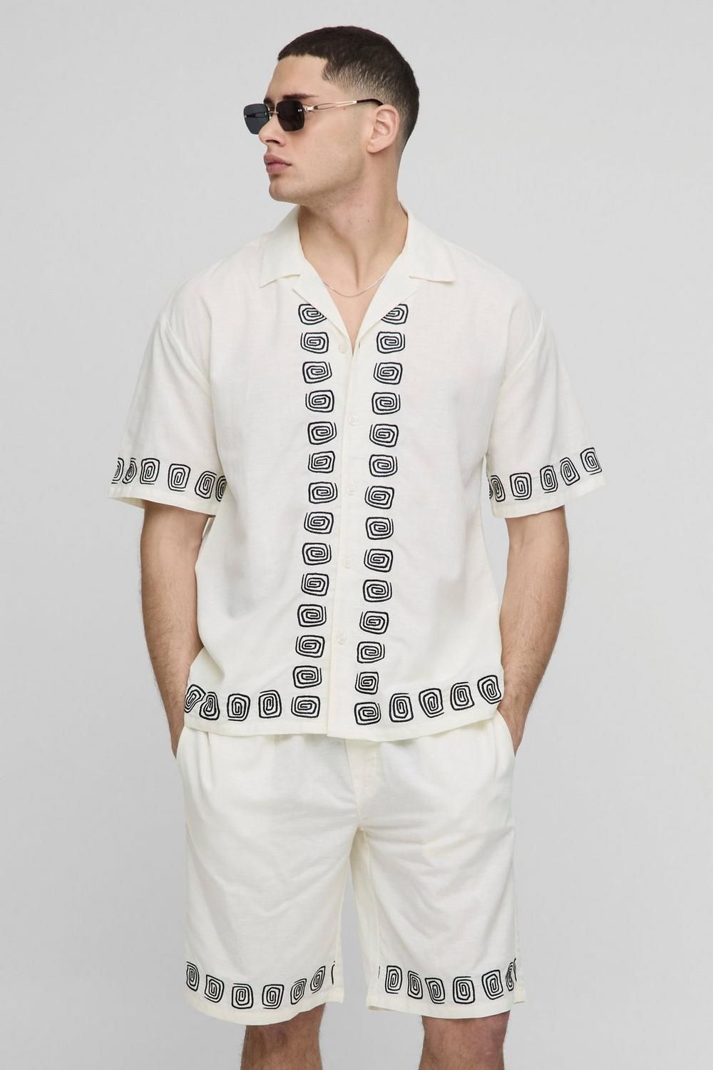 Ecru Embroidered Linen Shirt Size: XS SKU: 6570012