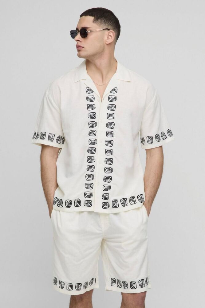 Ecru Embroidered Linen Shirt Size: XS SKU: 6570012