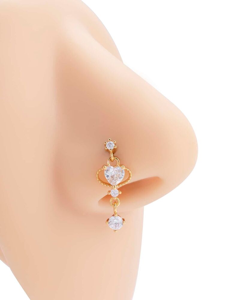 Stainless Steel Gold Sparkling Drop Heart Nose Stud SKU: N980740