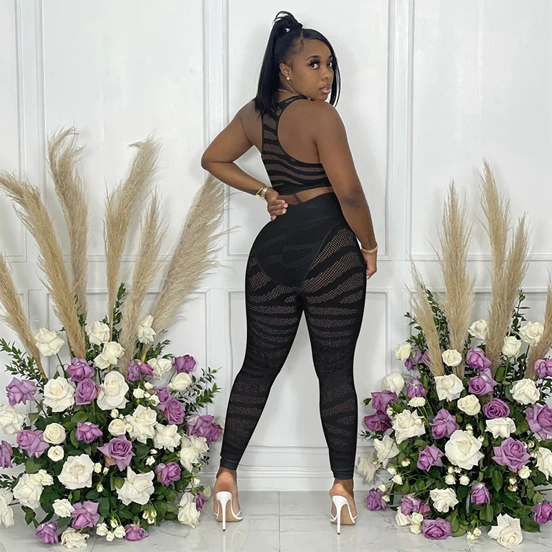 Black See Through Mesh Stretch Two-Piece Set Size: M