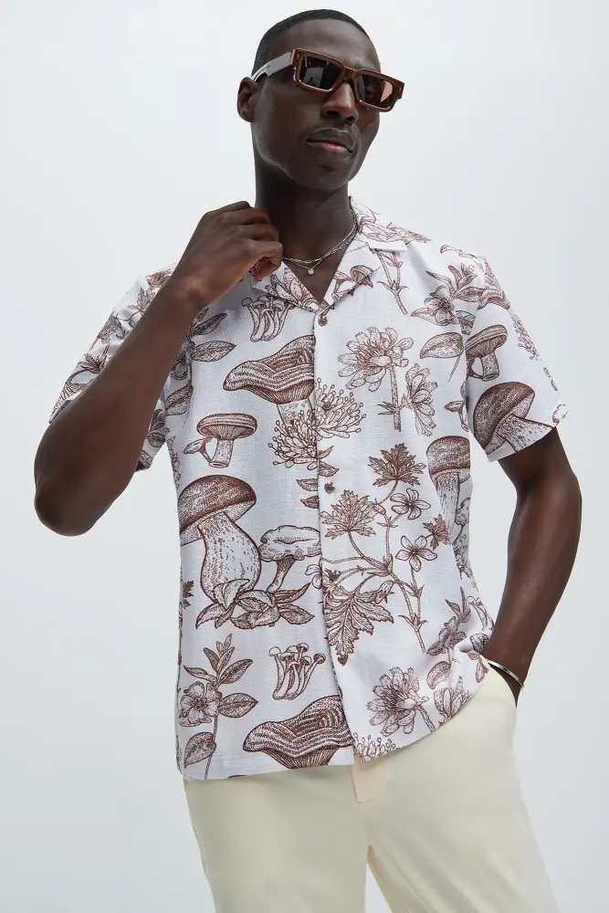 Linen Mushroom Garden Print Shirt Size: M SKU: 0B98022