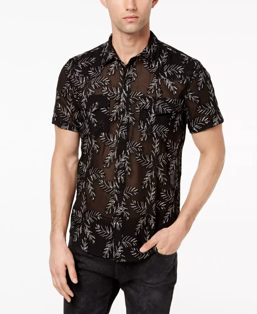 Guess Black Jungle Leaf Embroidered Sheer Shirt Size: S SKU: M89N777