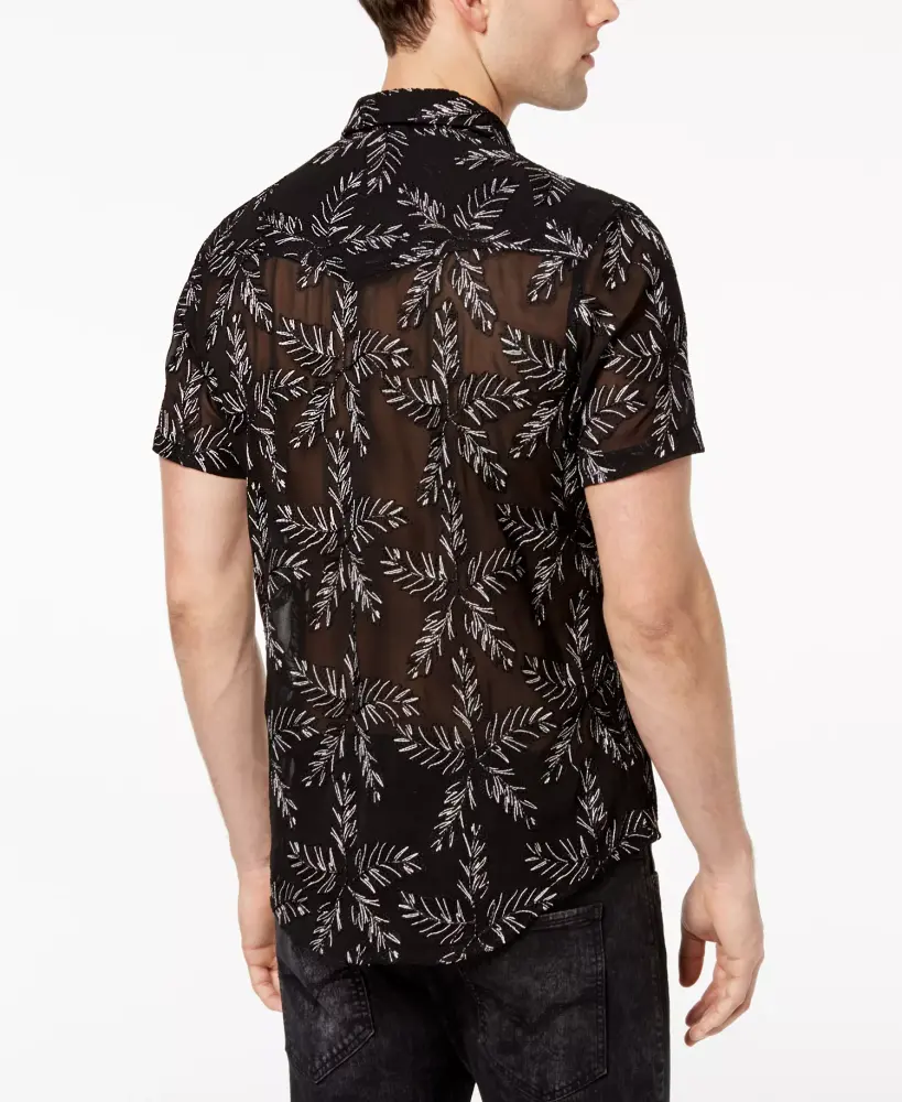 Guess Black Jungle Leaf Embroidered Sheer Shirt Size: S SKU: M89N777