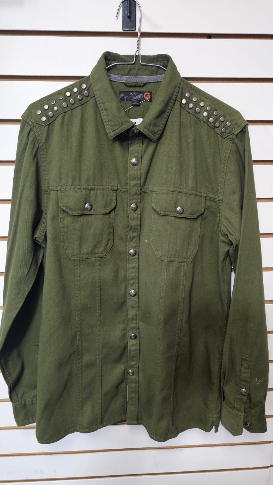 G By Guess Olive Green Solid Studded Long Sleeve Shirt Size: S SKU: 7869L43