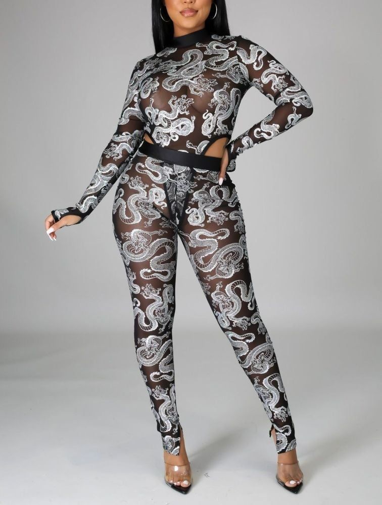 Mesh Dragon Print Long Sleeve Bodysuit Pants Set Size: S SKU: 768088B