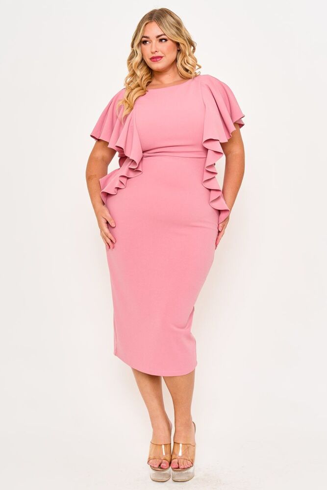 Light Rose Drop Shoulder With Ruffle Midi Dress SKU: G7685941