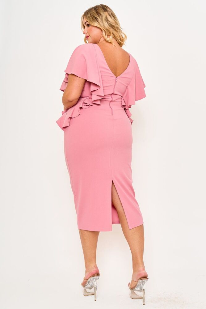 Light Rose Drop Shoulder With Ruffle Midi Dress SKU: G7685941