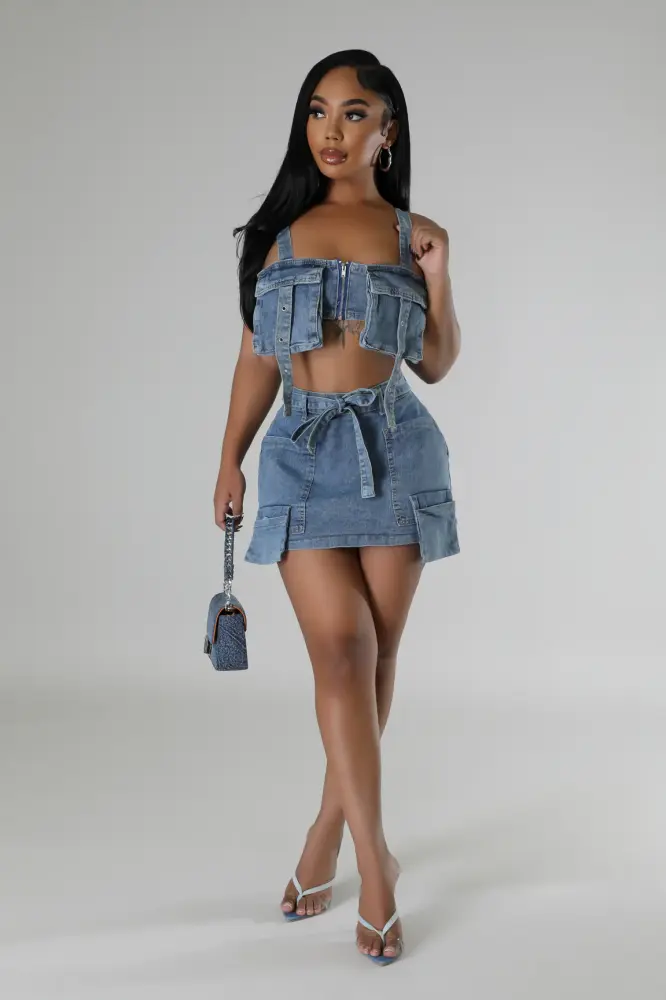 Denim Non-Stretch High-waisted Skirt Set SKU: U013241