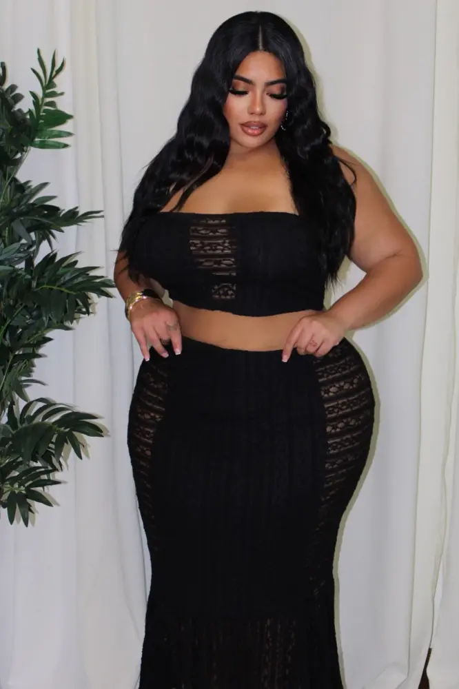 Black Stretch Lace Trim High-waisted Skirt Set SKU: U8790012