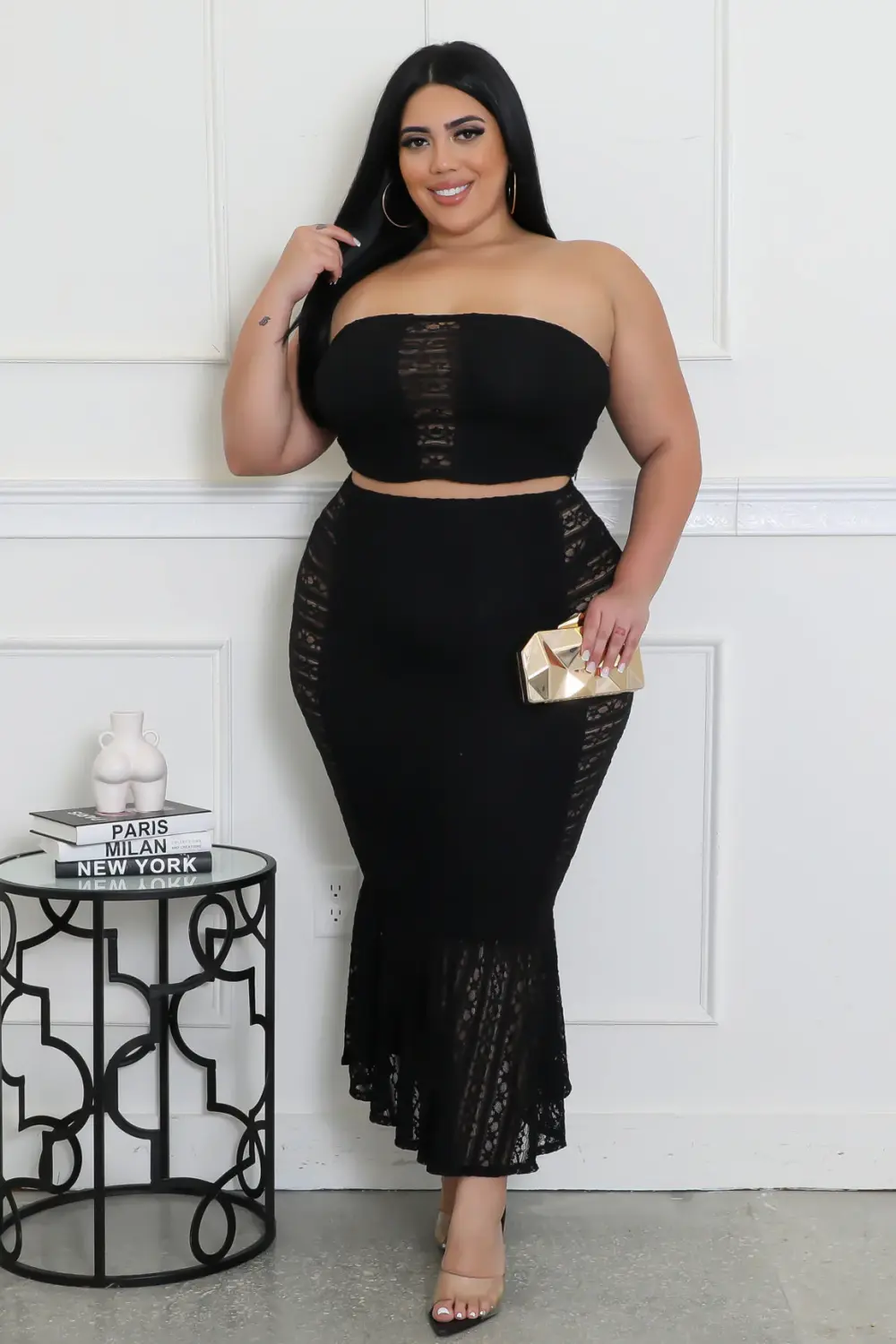 Black Stretch Lace Trim High-waisted Skirt Set SKU: U8790012