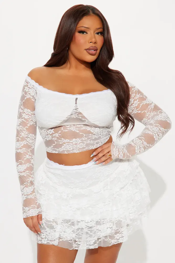 Ivory Ruffled Lace Off Shoulder Lace Skirt Set Size: 1XL SKU: 768G786