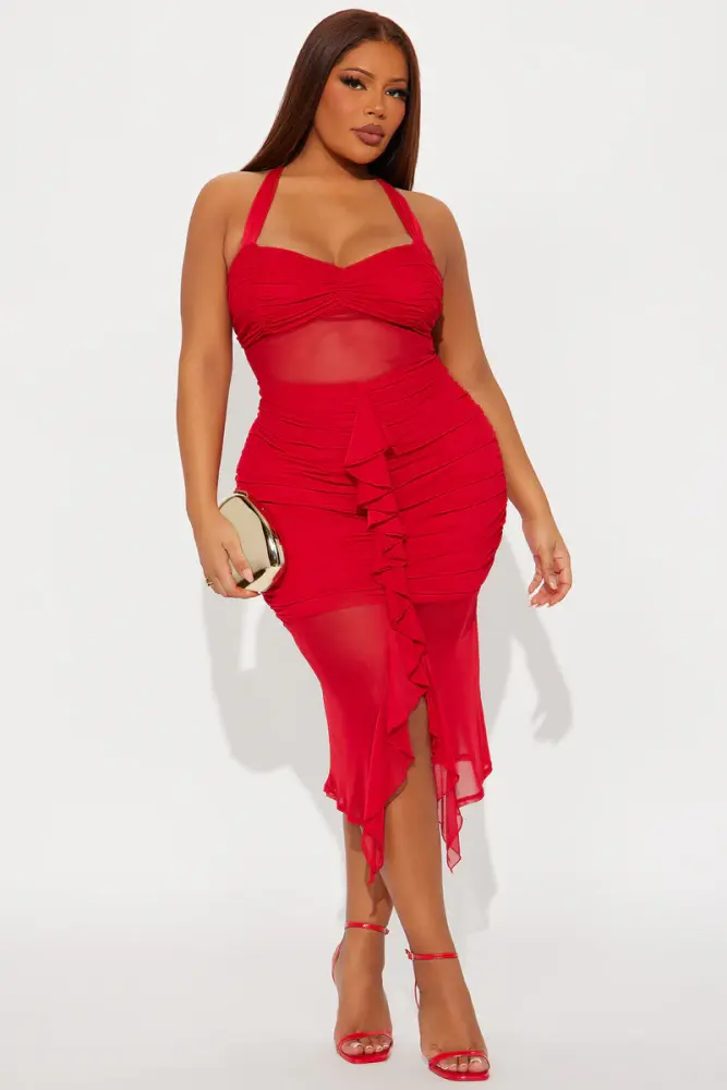 Red Judy Mesh Halter Midi Dress Size: 2XL SKU: 675B451