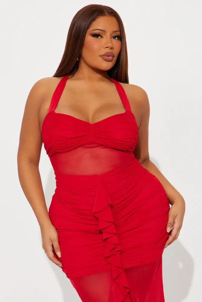 Red Judy Mesh Halter Midi Dress Size: 2XL SKU: 675B451