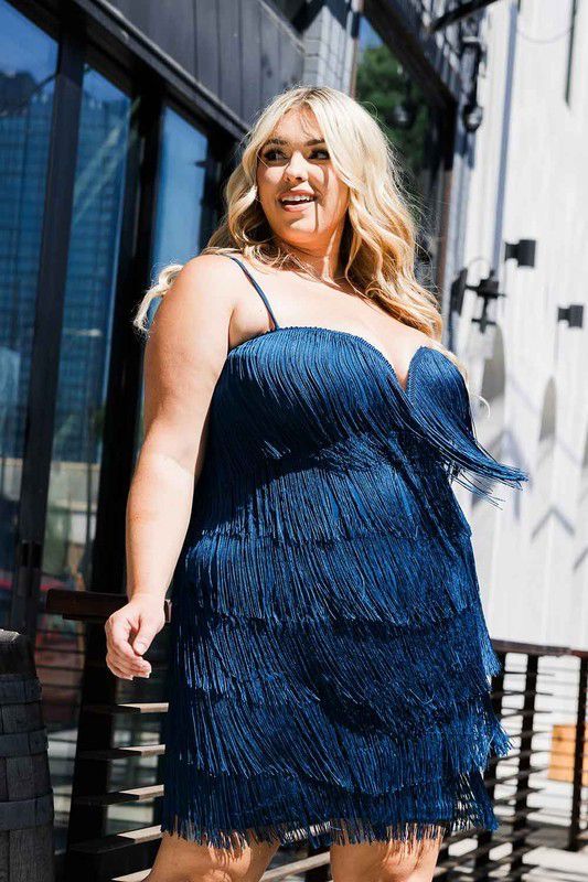 Layered Fringe Plus Size Mini Dress Teal SKU: U7879511