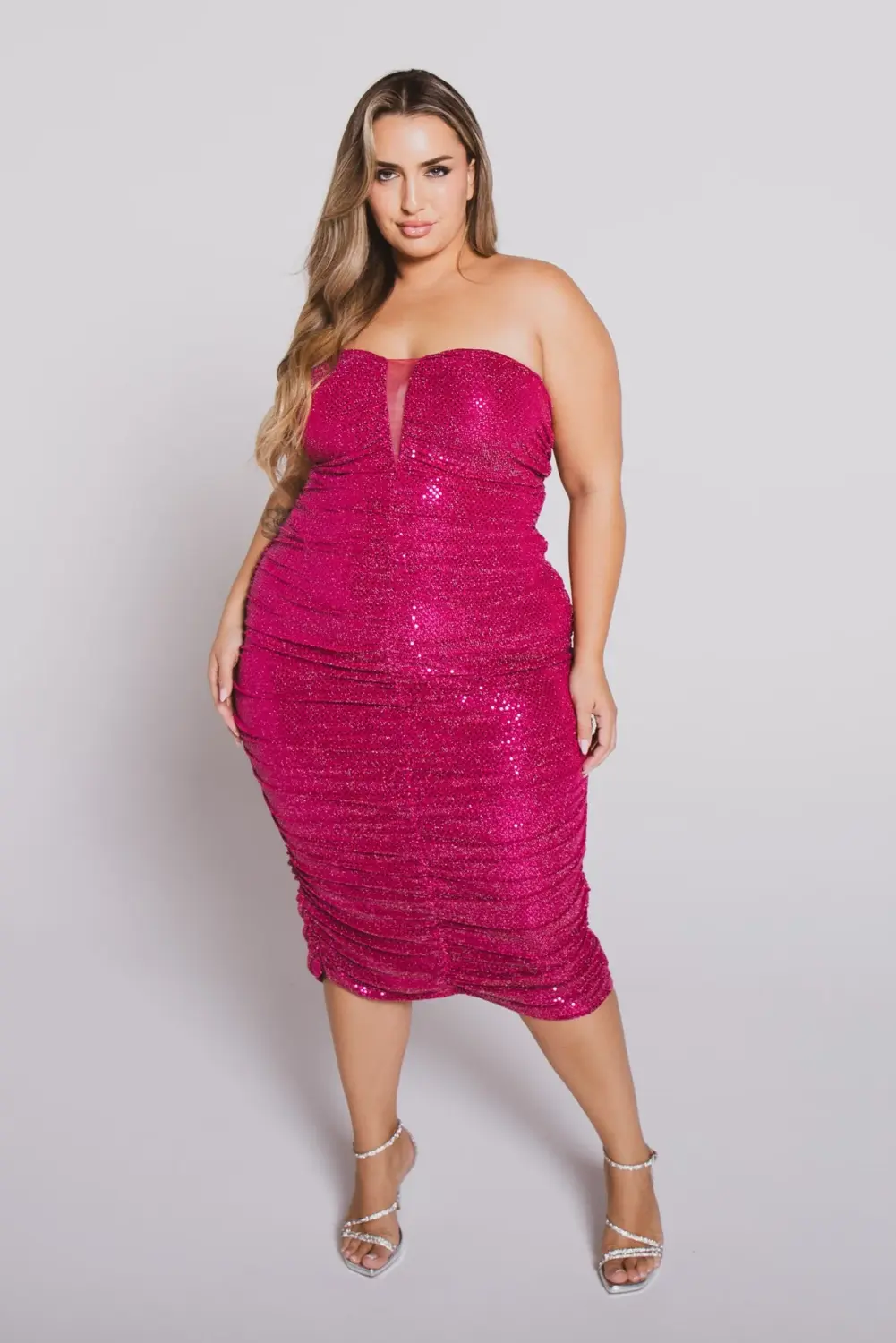 Magenta Sequin Sweetheart Neck Midi Dress SKU: HU98796