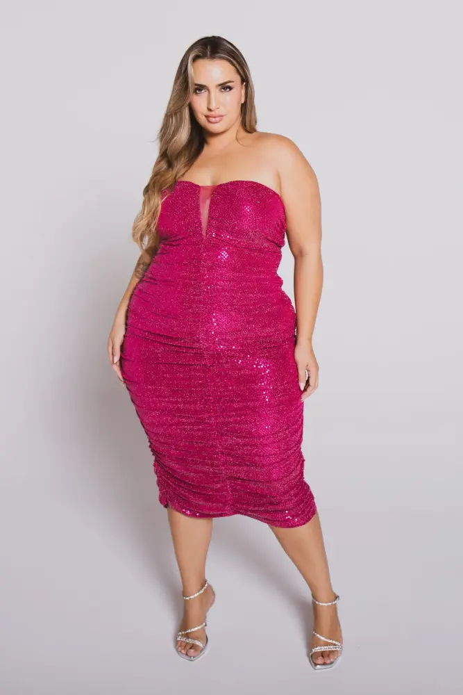Magenta Sequin Sweetheart Neck Midi Dress SKU: HU98796