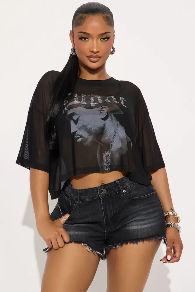 Tupac Mesh Rhinestone Black Cropped Tee SKU: T657501