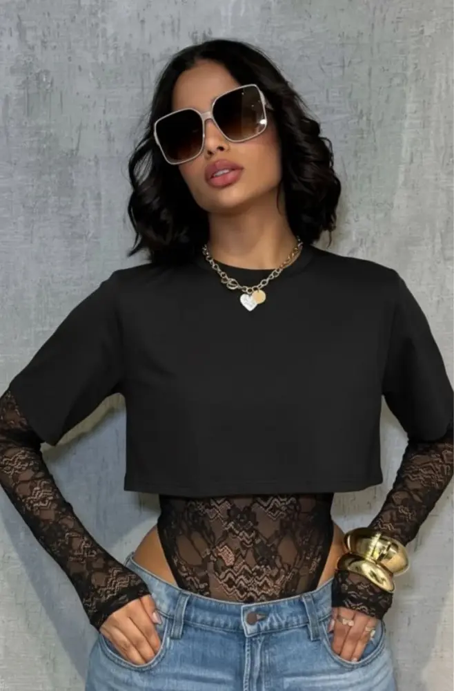 Black Lace Bodysuit T-Shirt Two-Piece Set SKU: H7686112