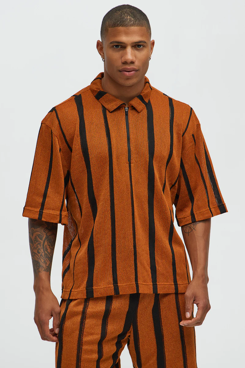 Brown Open Knit Striped Textured Relaxed Fit Polo Size: 2XL SKU: 546FG53