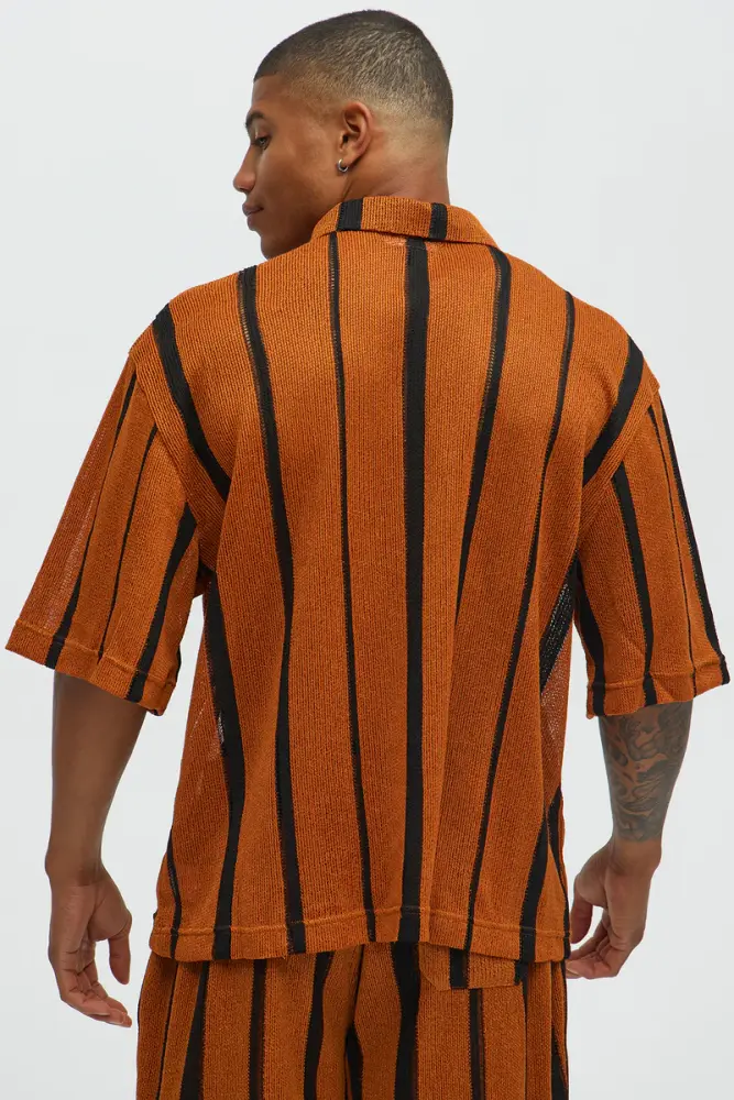 Brown Open Knit Striped Textured Relaxed Fit Polo Size: 2XL SKU: 546FG53