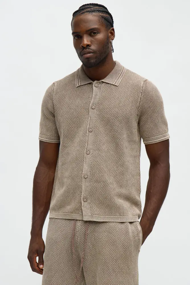 Brown Washed Short Sleeve Button Up Shirt SKU: Y987911