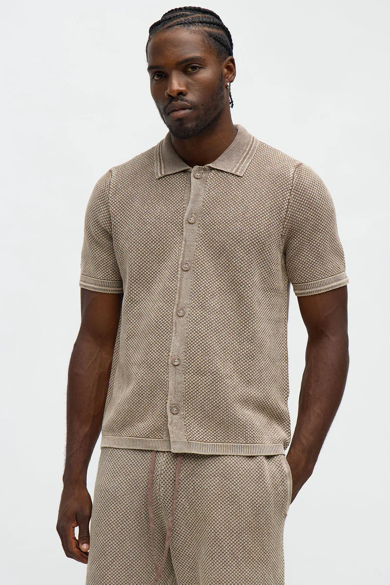 Brown Washed Short Sleeve Button Up Shirt SKU: Y987911