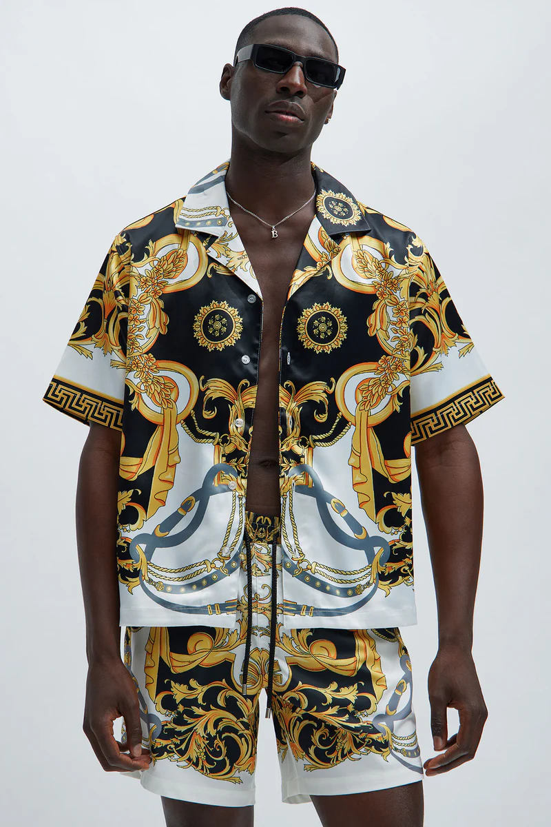 Printed Fold Down Collar Front Button Short Sleeve SKU: 6750112