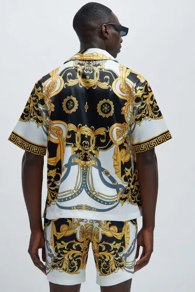 Printed Fold Down Collar Front Button Short Sleeve SKU: 6750112