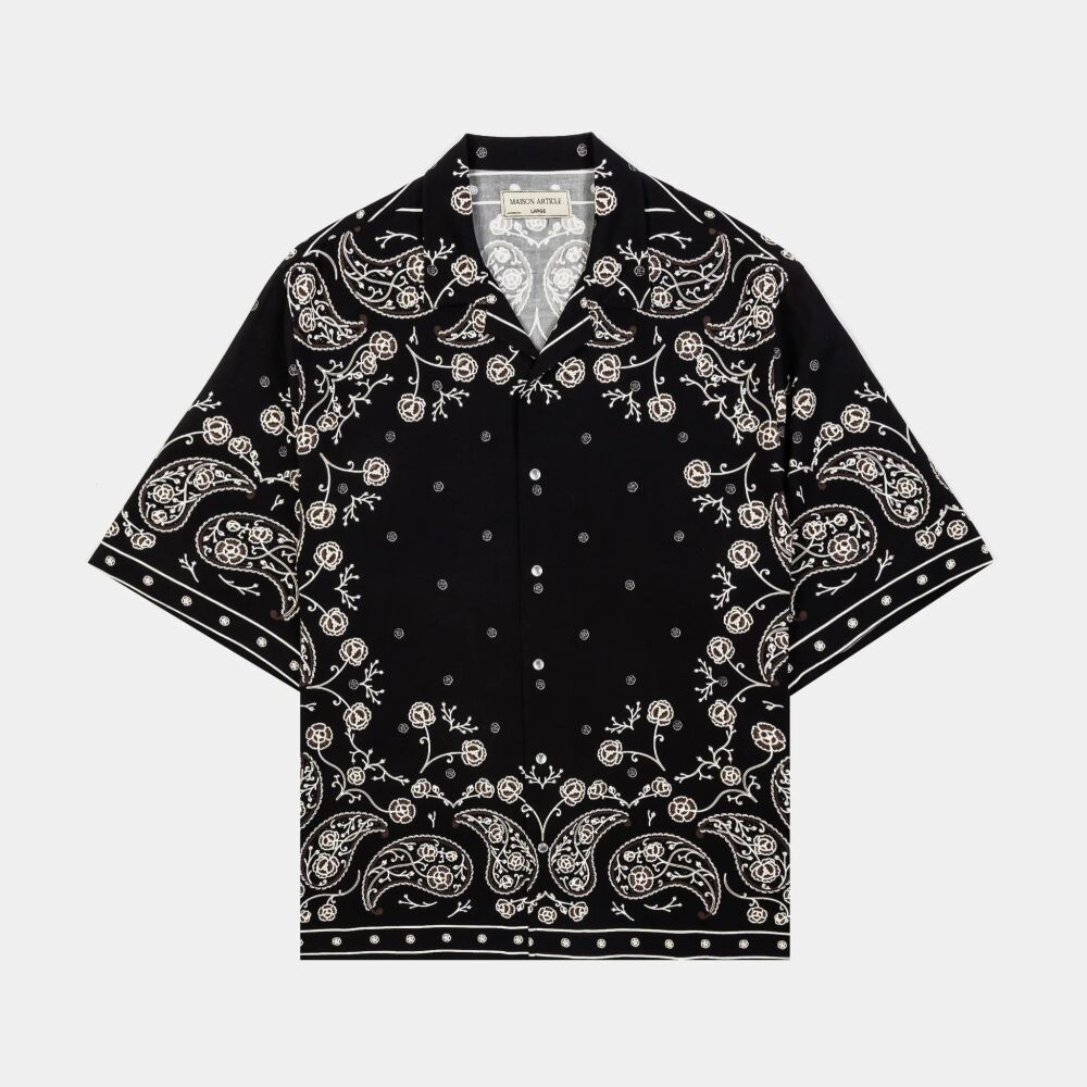 Black Paisley Rayon Button Up Short Sleeve Shirt SKU: T0807S4