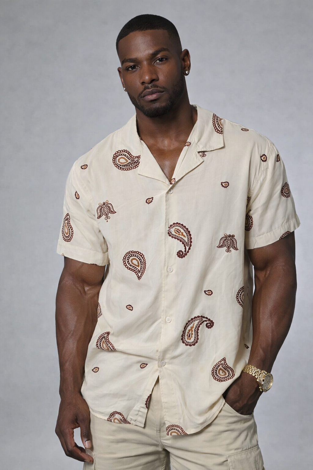 Short Sleeve Revere Collar Print Shirt Size: M SKU: 87H87H0