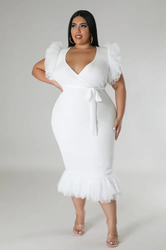 White Ruffle Sleeve Bodycon Midi Dress SKU: G766801