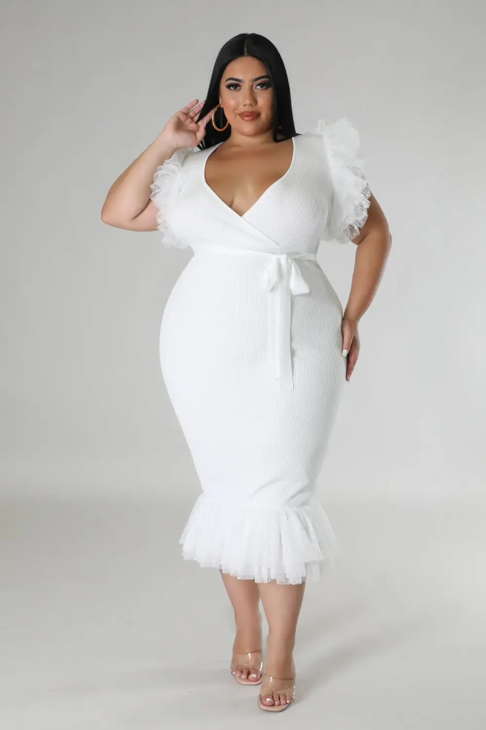 White Ruffle Sleeve Bodycon Midi Dress SKU: G766801