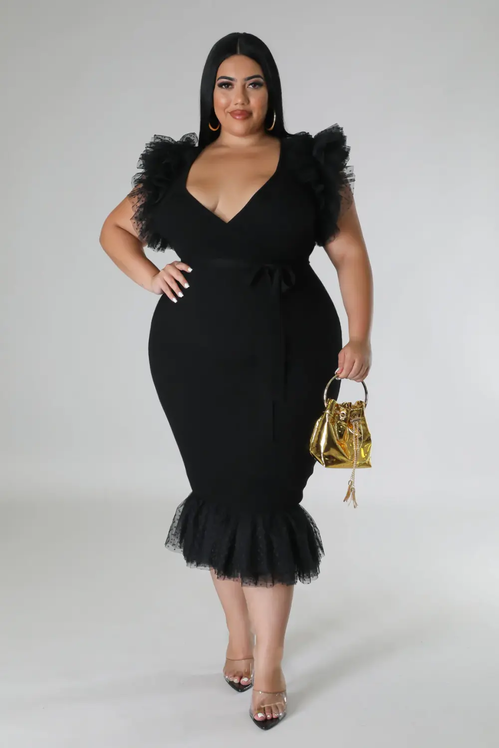 White Ruffle Sleeve Bodycon Midi Dress SKU: G766800