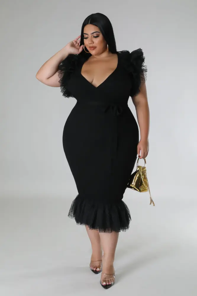Black Ruffle Sleeve Bodycon Midi Dress SKU: G766800