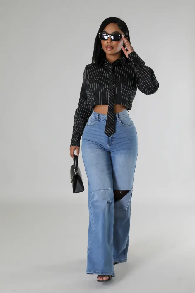 Black Pinstripe Crop 2Pc Off The Handle Top SKU: 6573320