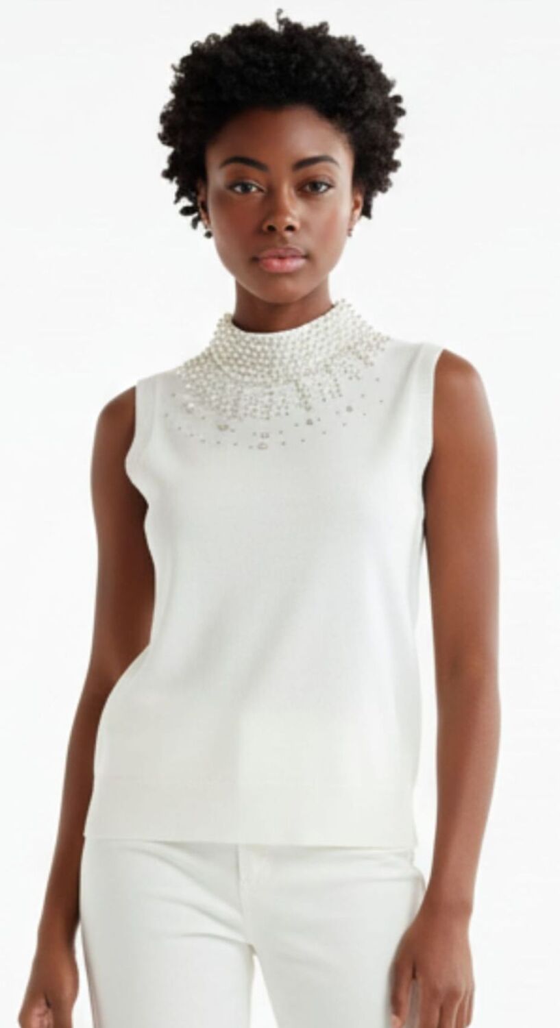 Ivory Pearl Mock Neck Sleeveless Sweater Top SKU: N879701