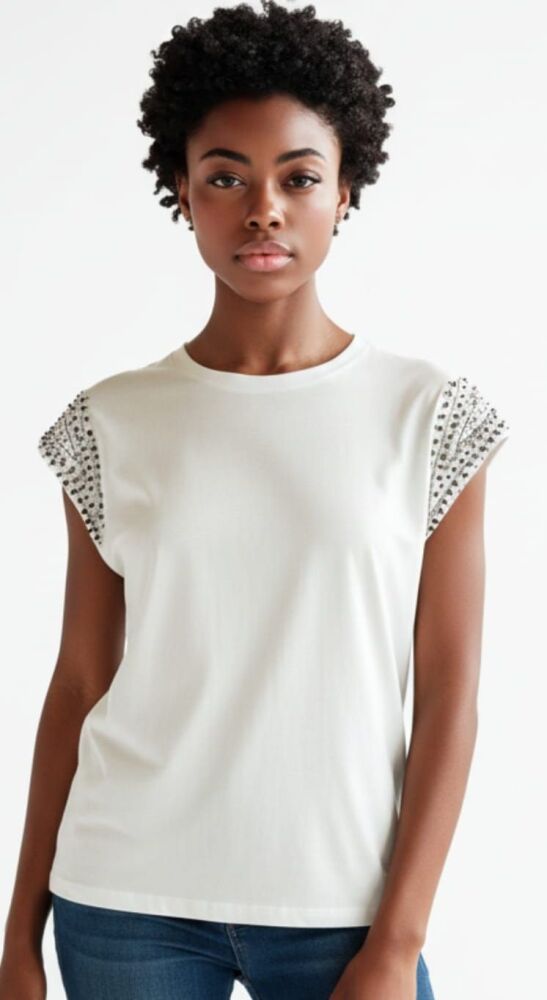 White Padded Detail Relaxed Fit Crew Neck T-Shirt Size: M SKU: Y676891