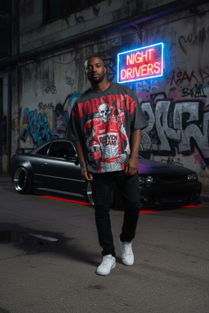 Oversized Motor Sports Red Graphics T-shirt SKU: 76851123