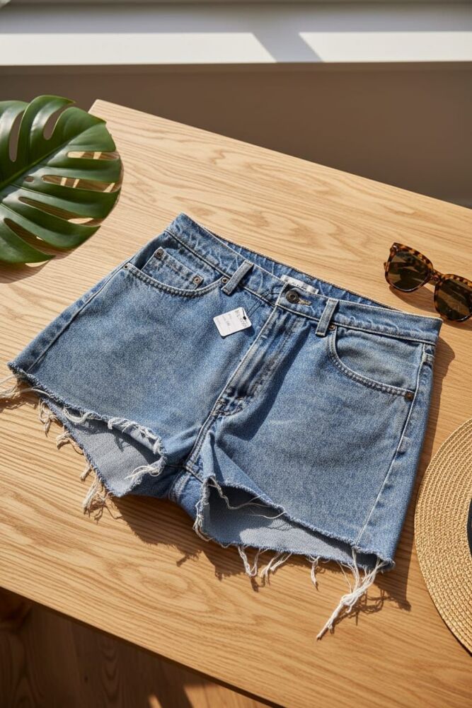 Light Wash Frayed Hem High-Waisted Denim Shorts Size: 12 SKU: 6122301